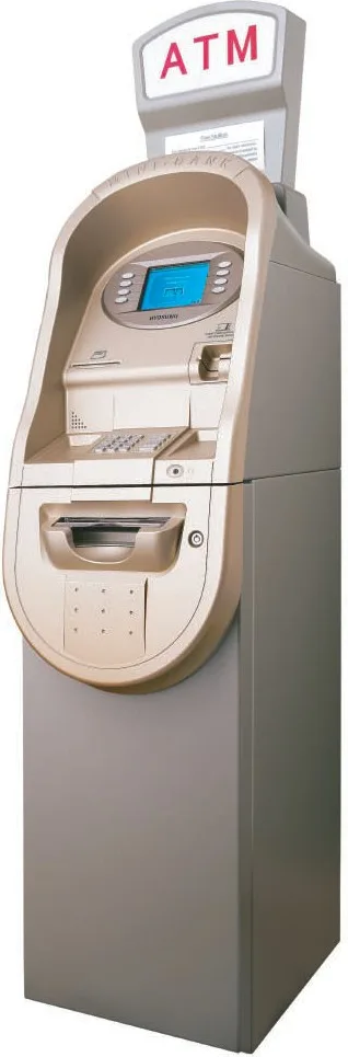 Nautilus Hyosung Mini-Bank 1500 retail ATM with champagne front and lit ATM topper, front three-quarter view