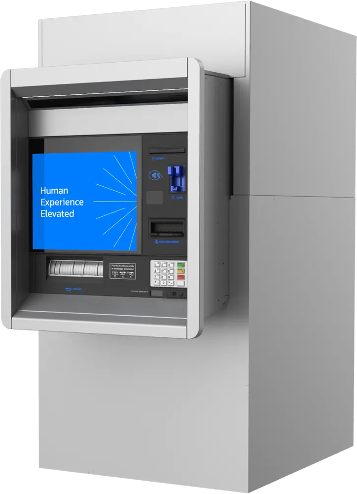 Hyosung 8D drive-up through-the-wall recycling ATM, front three-quarter view
