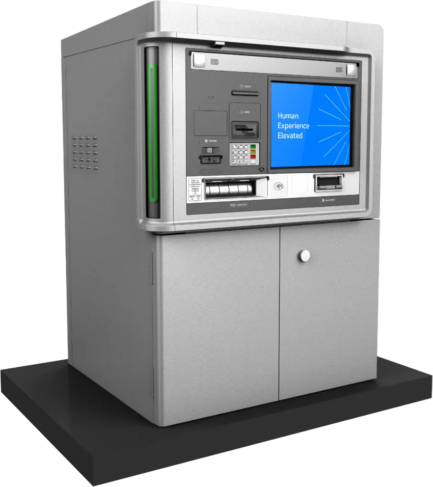 Hyosung 8I island drive-up recycling ATM (MX8300I) on its base, front three-quarter view