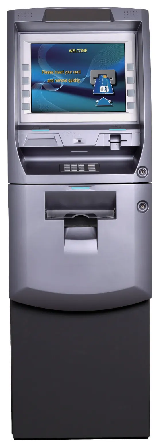 Genmega C6000 freestanding ATM, front view, a silver full-size cabinet with a 15-inch screen above the keypad and cash slot