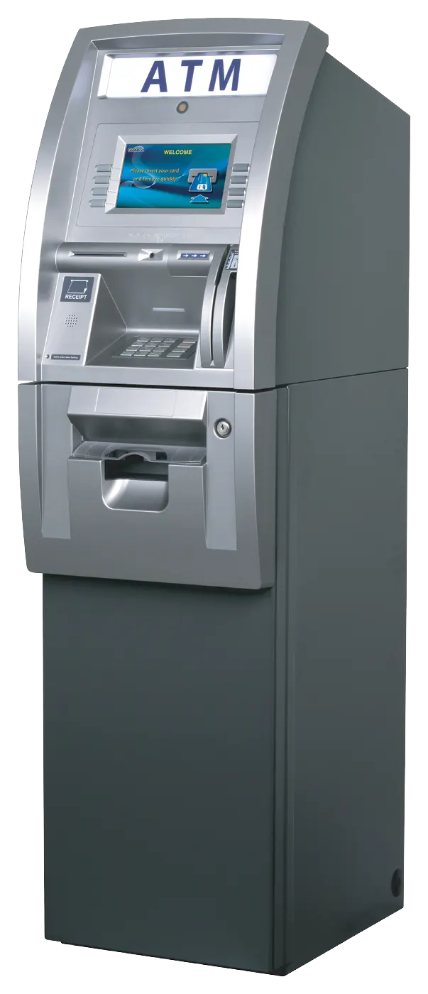 Genmega G1900 freestanding ATM, three-quarter view, silver upper cabinet with an ATM sign on a dark gray pedestal
