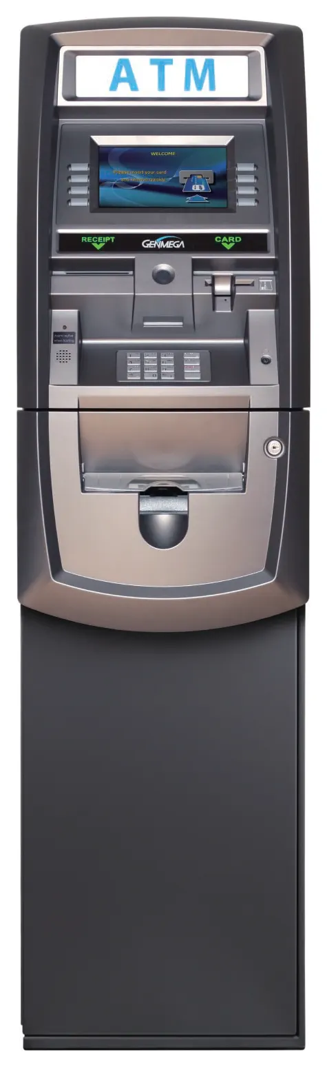 Genmega G2500 freestanding ATM, front view, with an illuminated ATM topper, 8-inch screen and silver fascia on a dark pedestal