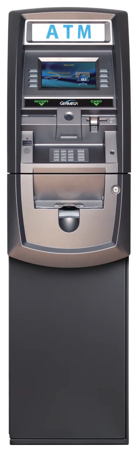 Genmega G2500 freestanding ATM, front view, with an illuminated ATM topper, 8-inch screen and silver fascia on a dark pedestal