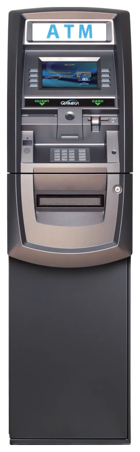 Genmega G2500P freestanding ATM, front view, with an illuminated ATM topper and a presenter slot in the silver lower door