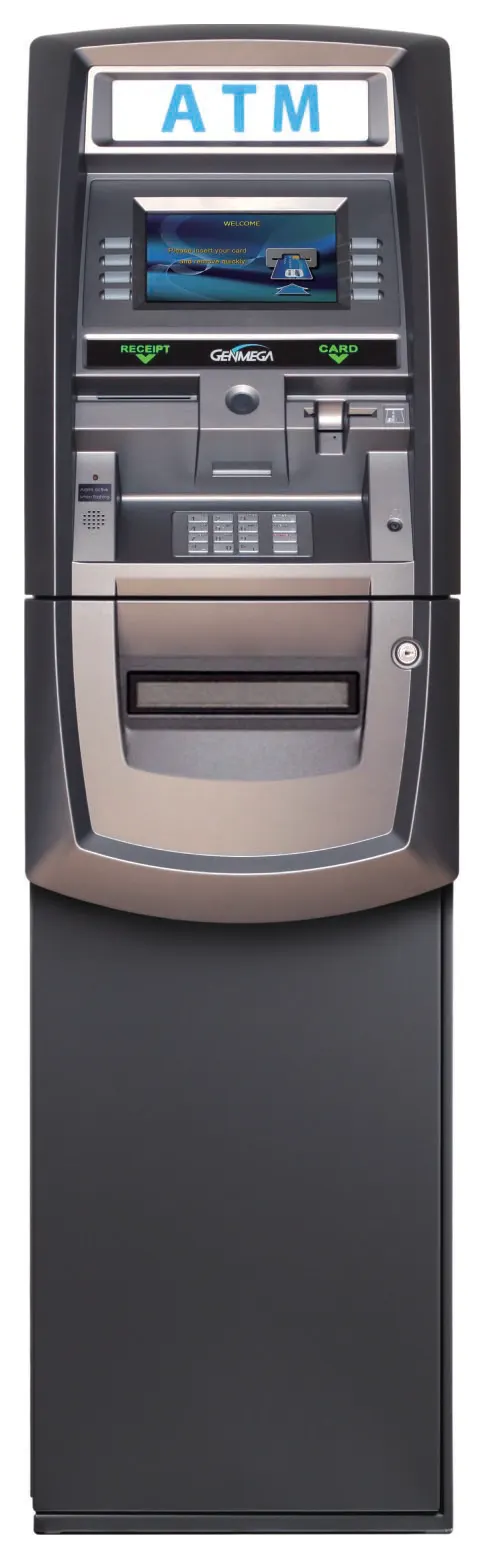Genmega G2500P freestanding ATM, front view, with an illuminated ATM topper and a presenter slot in the silver lower door