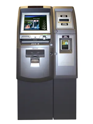 Genmega G6000 ATM-kiosk, front view, a silver ATM with a 15-inch touchscreen beside a matching sidecar cabinet with a bill acceptor