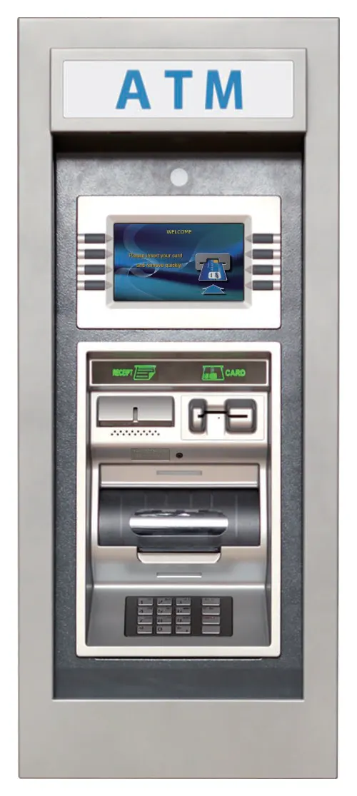 Genmega GT3000 through-the-wall ATM, front view, a narrow silver wall unit with an ATM sign, small screen, keypad and cash slot