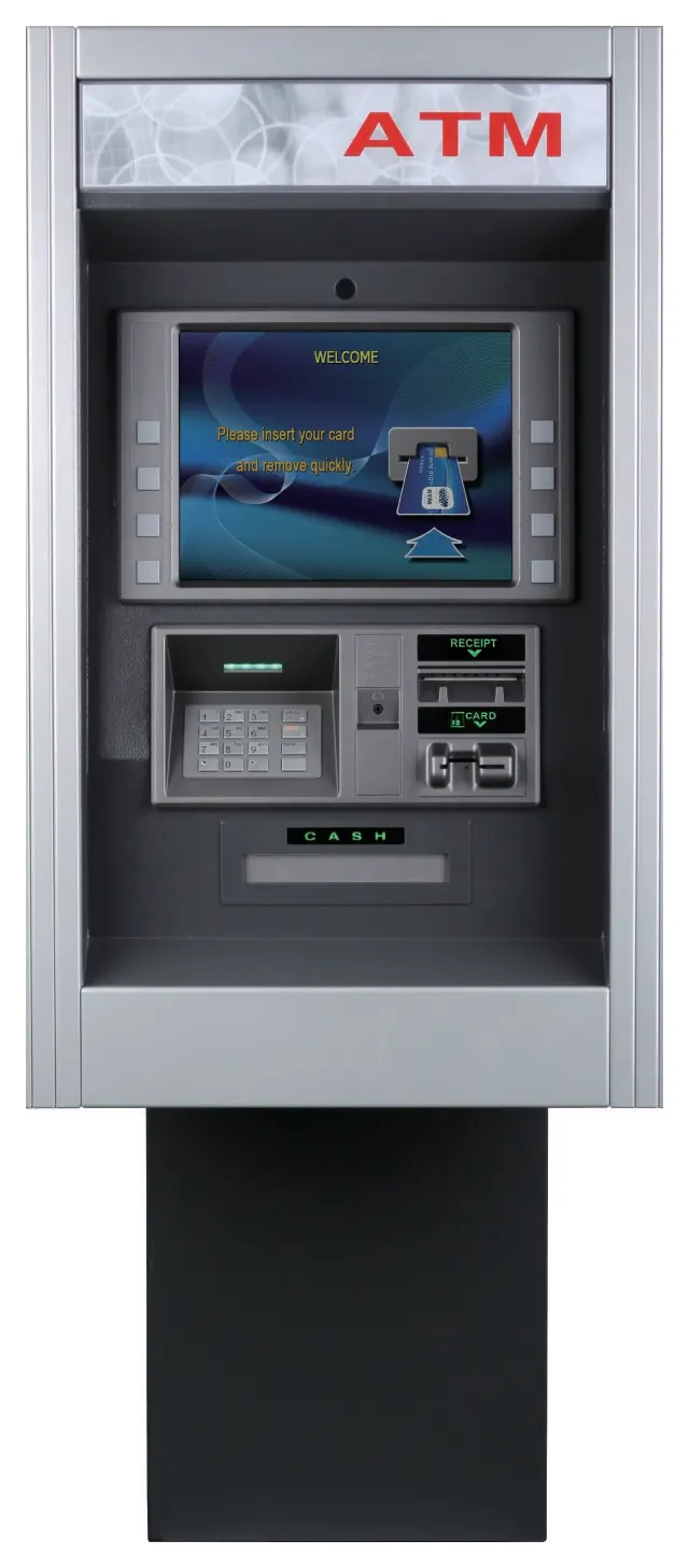 Genmega GT5000 through-the-wall ATM, front view, a silver wall unit with a red ATM sign, 15-inch screen and keypad on a dark base