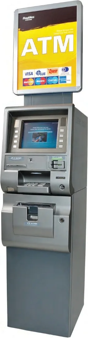 Nautilus Hyosung MoniMax 5000CE ATM in dark gray with a yellow back-lit ATM topper, front three-quarter view