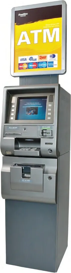 Nautilus Hyosung MoniMax 5000CE ATM in dark gray with a yellow back-lit ATM topper, front three-quarter view