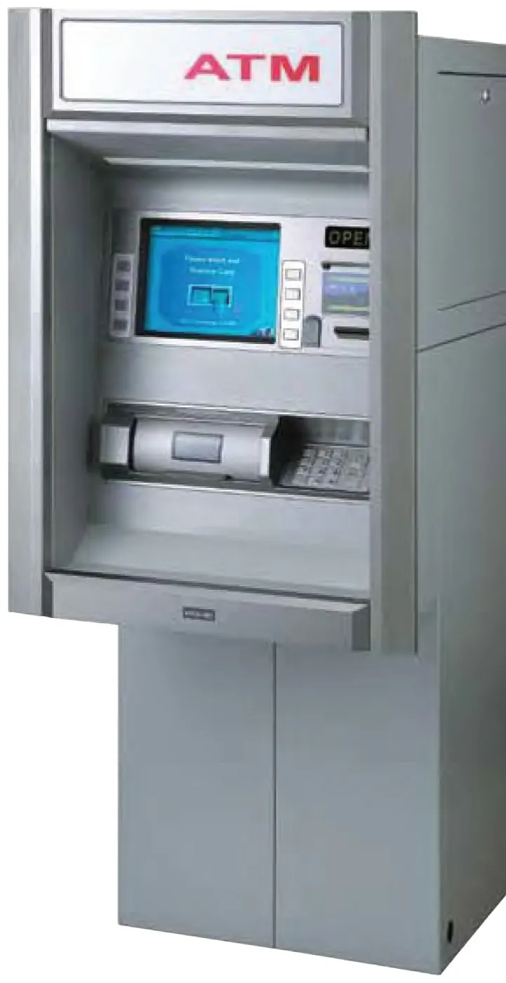 Nautilus Hyosung MoniMax 5100T through-the-wall ATM with silver fascia and ATM header, front three-quarter view
