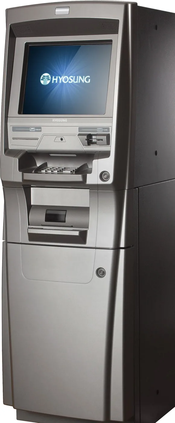 Nautilus Hyosung MoniMax 5300XP ATM in dark gray with a large widescreen display, front three-quarter view