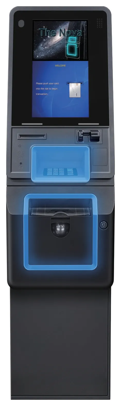 Genmega Nova freestanding ATM, front view, with a tall 17-inch touchscreen and blue edge lighting around the PIN pad and cash slot
