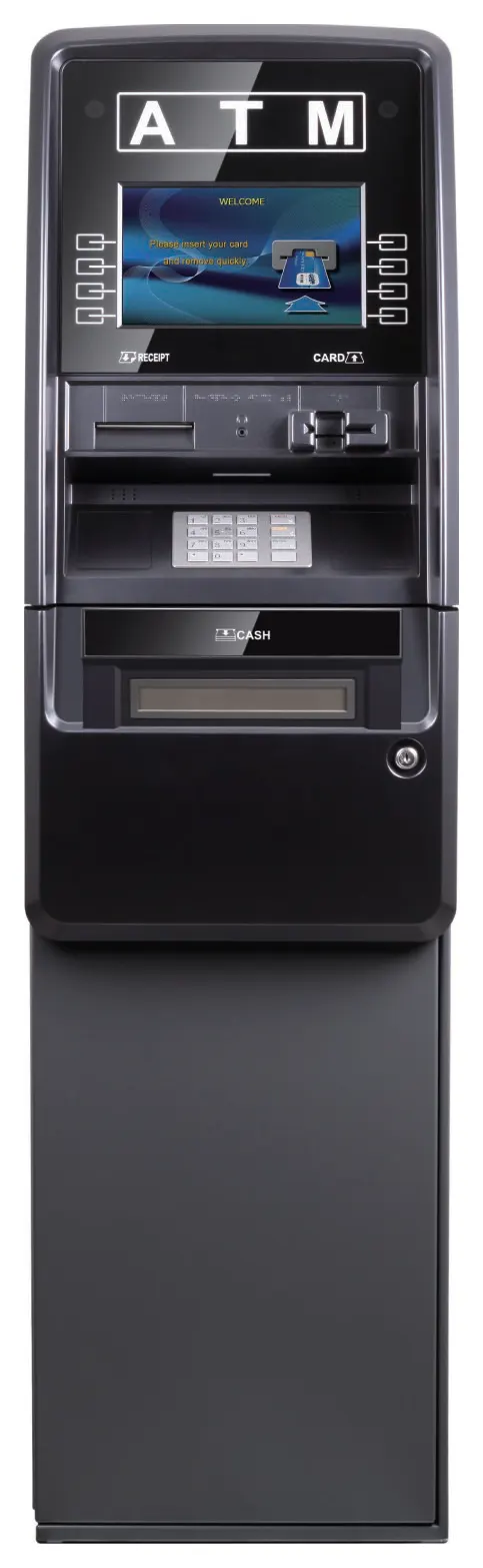 Genmega Onyx-P freestanding ATM, front view, black cabinet with a lighted ATM sign and a presenter slot in the lower door