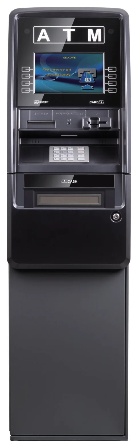 Genmega Onyx-P freestanding ATM, front view, black cabinet with a lighted ATM sign and a presenter slot in the lower door