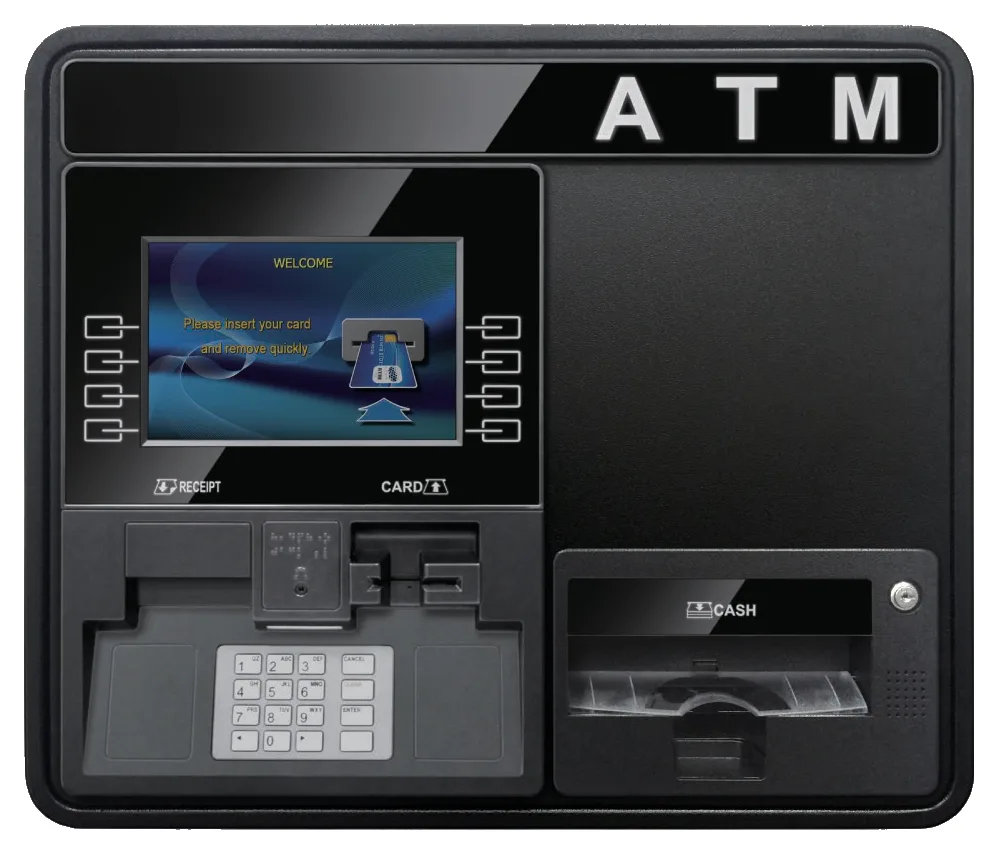 Genmega Onyx-W 2K wall-mount ATM, front view, a wide black unit with an ATM sign, 10.1-inch screen, keypad and cash slot