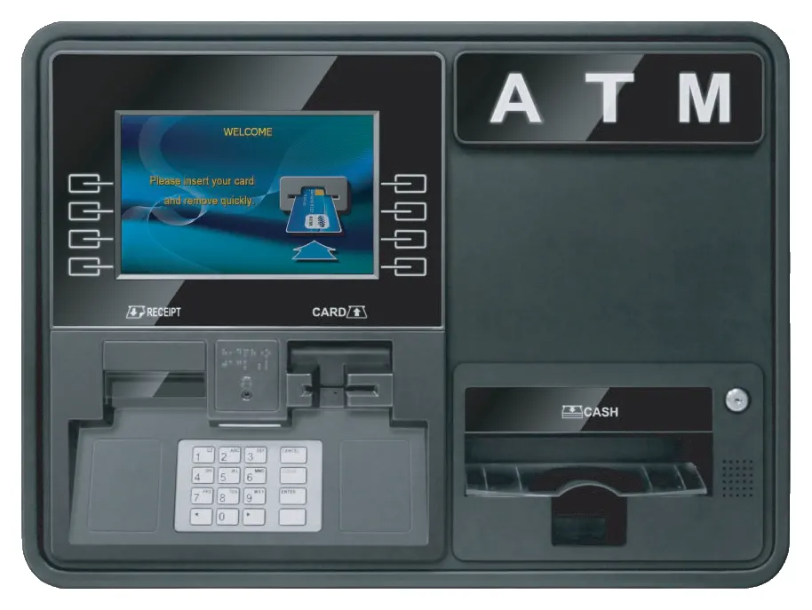 Genmega Onyx-W wall-mount ATM, front view, a wide dark gray unit with a 10.1-inch screen, keypad and cash slot