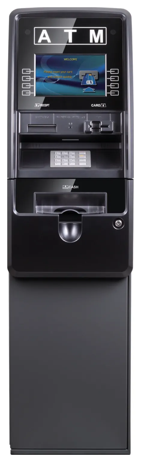Genmega Onyx freestanding ATM, front view, with a black reflective fascia, lighted ATM sign and 10.2-inch screen