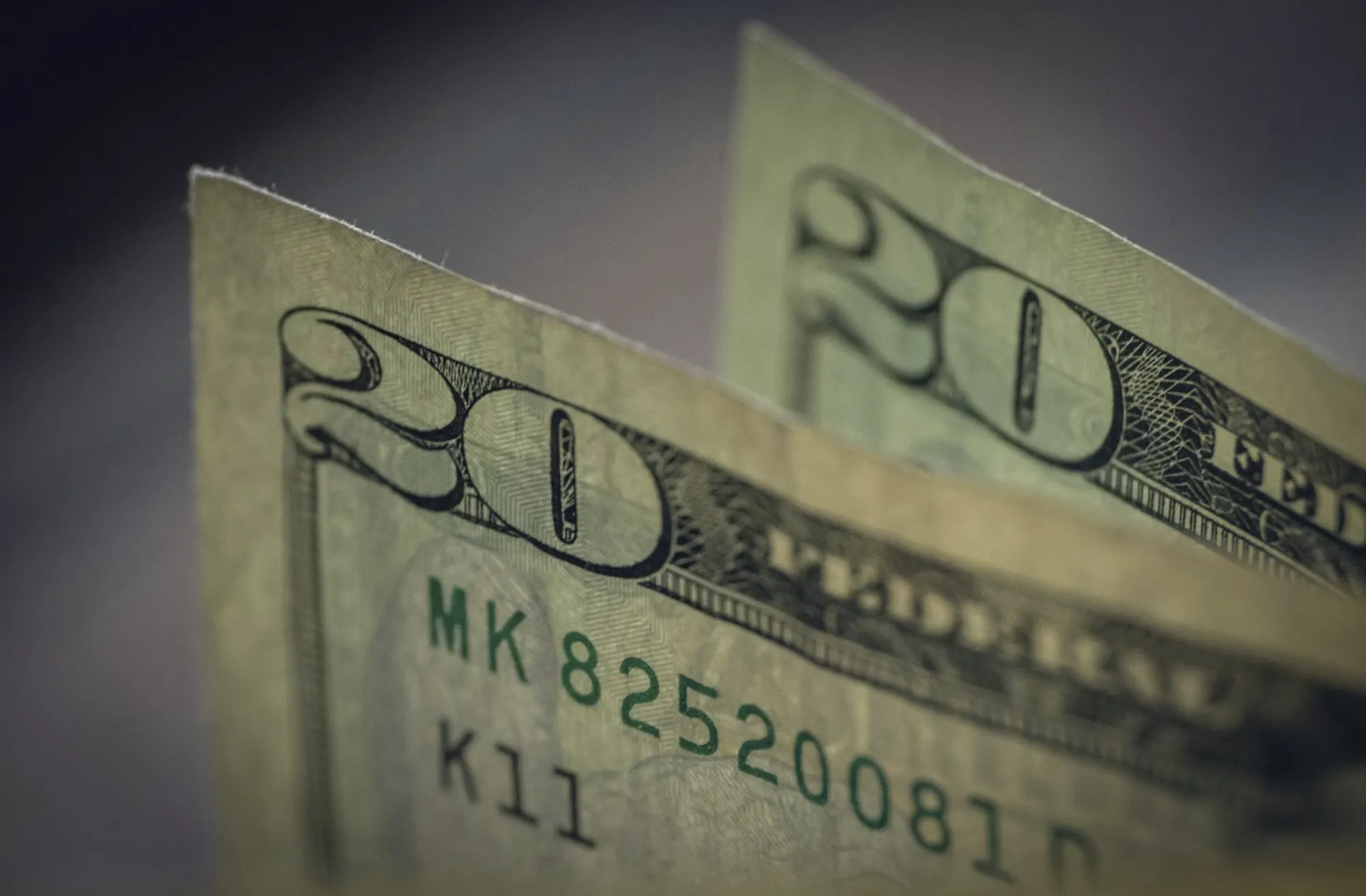 Close-up of two twenty-dollar bills standing on edge