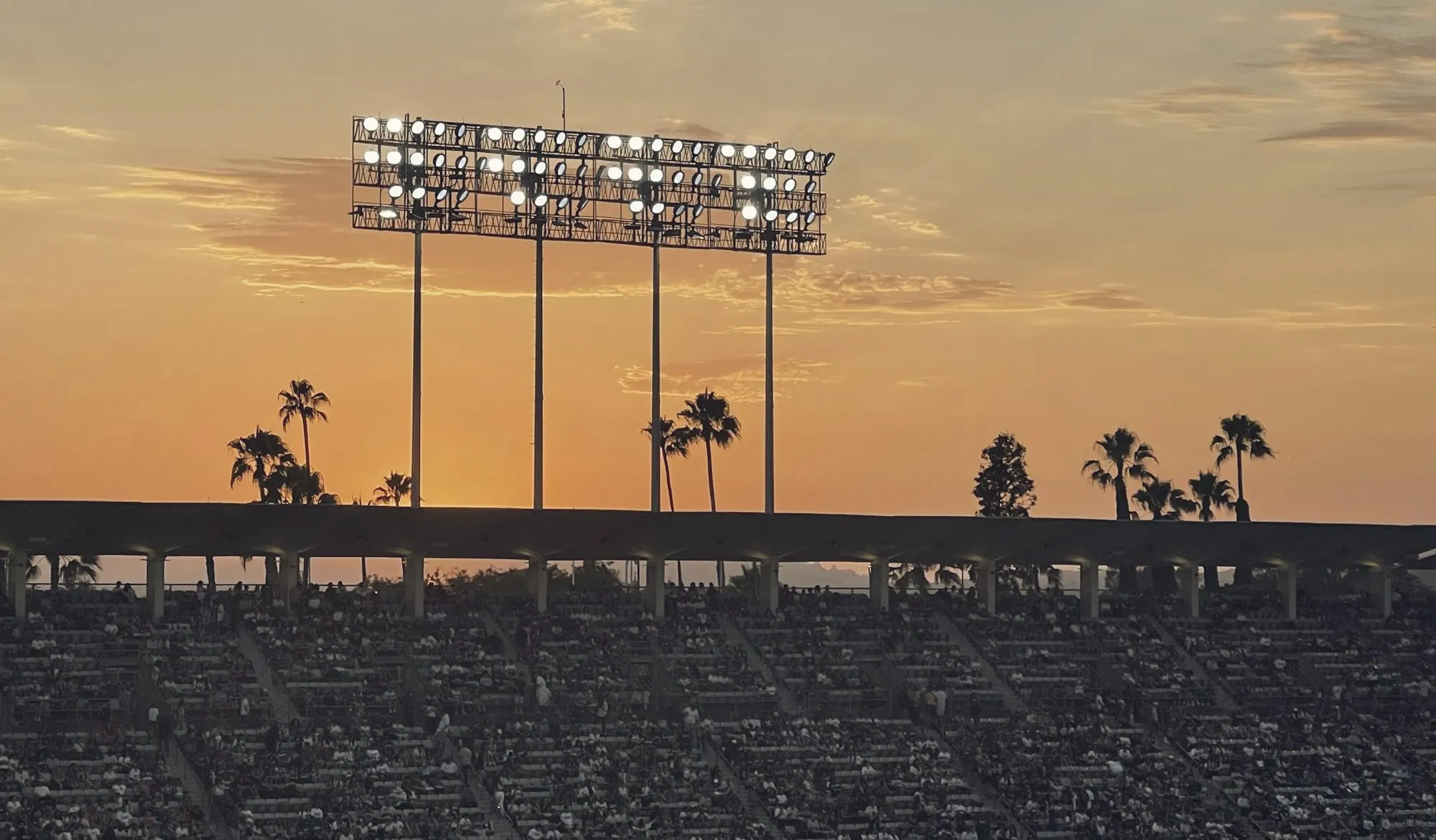 Stadium light towers and palm trees silhouetted above filled stands at sunset.